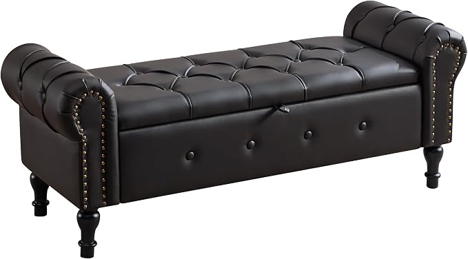 Storage Bench 51" Faux Leather End of Bed Benches Obsidian Black | Queen Size Storage Bench for Bedroom with Rolled Arms Tufted Ottoman Benches Upholstered Bench for Living Room Entryway