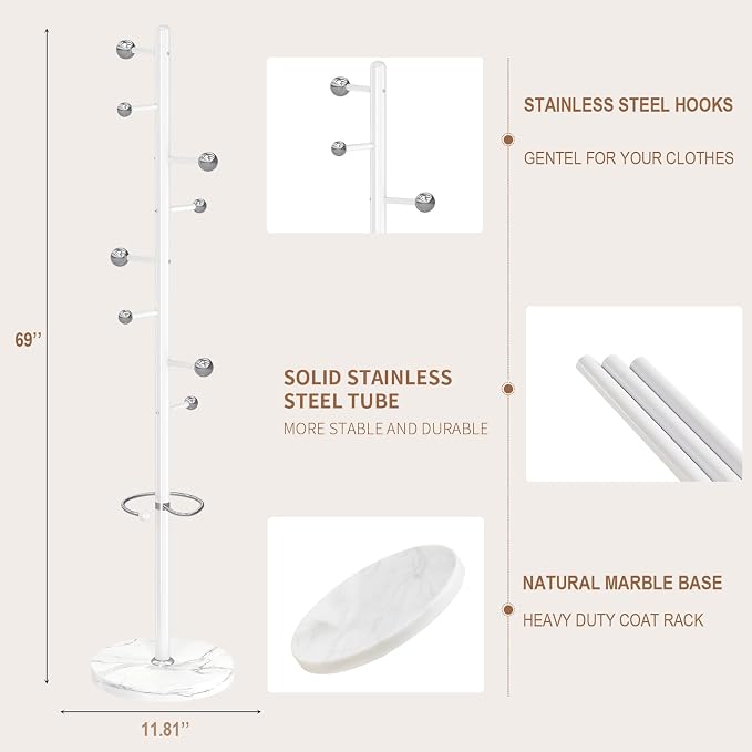 Coat Rack Stand, White Metal Coat Rack Freestanding with 8 Hooks | Coat Rack with Natural Marble Base,Modern Coat Hanger Stand, 3 Adjustable Coat Clothes Tree Stand for Office