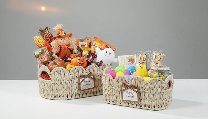 Coeusy Wicker Scalloped Basket Set of 2,Woven Storage Baskets for Shelves,Closet,Laundry,Gifts,Towels,Books,Toys,Waterproof Boho Decor Basket for Organizing