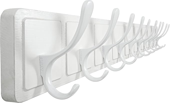 SKOLOO Scandi-Style Wooden Carved-Block Coat Hook, Wall Coat Hanger with 10 Hooks for Hanging Clothing, Hats, Scarves, White