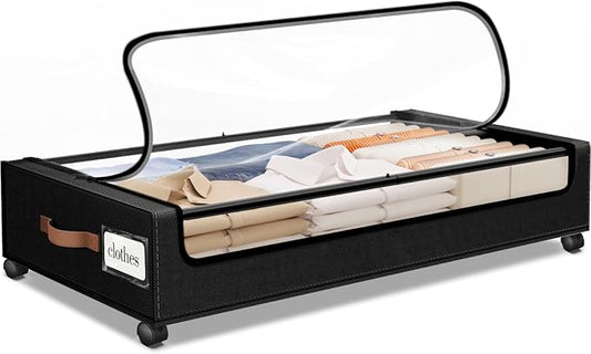 SpaceHacks Under Bed Storage with Wheels 1Pack Storage Containers with Clear Window&Label Under Bed Drawers Rolling Under Bed Storage for Clothes,Shoes, Blankets (30.71 x 16.93 x 6.69 in, Black)