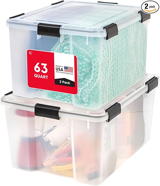 IRIS USA WeatherPro Storage Bins with Lids, 63 Qt, Gasket Seal, 2 Pack | BPA-free gasket seal helps protect documents, clothing, pet food, crafts, and household supplies from dust and moisture.