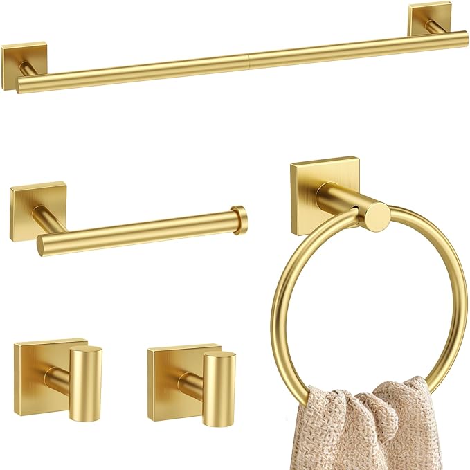 5 Pieces Brushed Gold Bathroom Hardware Set Towel Bar Set Stainless Steel Wall-Mounted Bathroom Accessories Set 23.6 Inch Towel Racks for Bathroom