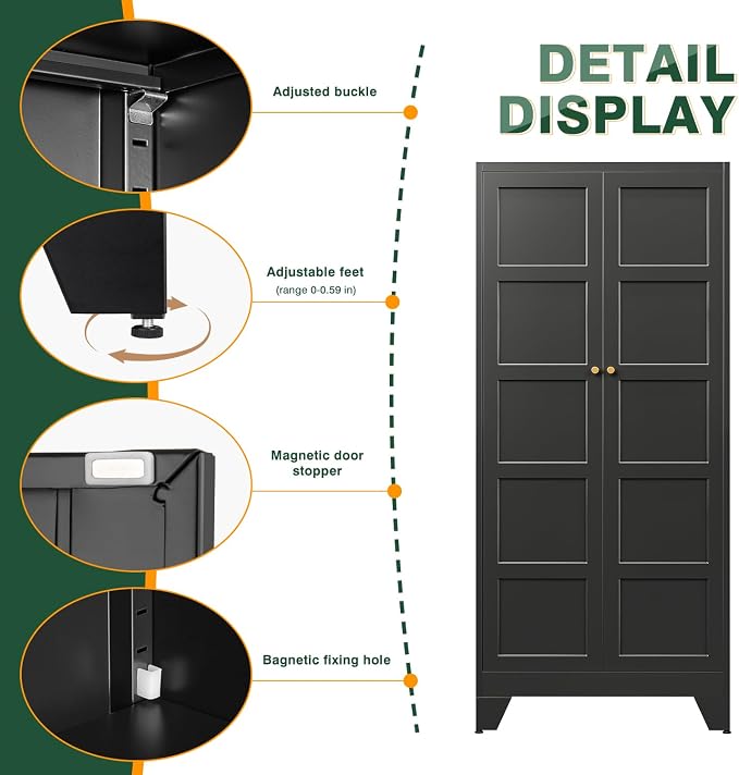 Letaya 71" H Metal Storage Cabinet with 2 Doors and 4 Shelves,Tall Kitchen Pantry Cabinets,Utility Pantry Organizers for Cupboard/Dining/Bathroom/Home Office/Garage (Black, 71" H x 16" D x 32" W)