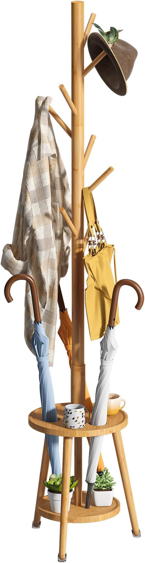Freestanding Coat Rack with Umbrella Organizer Tray Bamboo Coat Tree Rack with 8 Hook Stand for Clothes Bag Hats Entryway Hanger Stand(Nature)