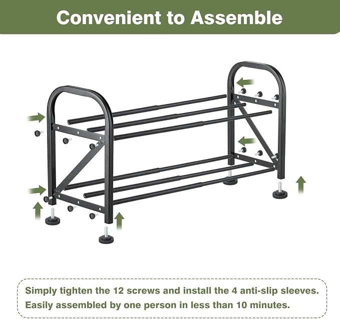 2-Tier Shoe Rack for Closet, 16"-32" Expandable Shoe Rack, Adjustable for Entryway Closet Doorway Sturdy Metal, Black