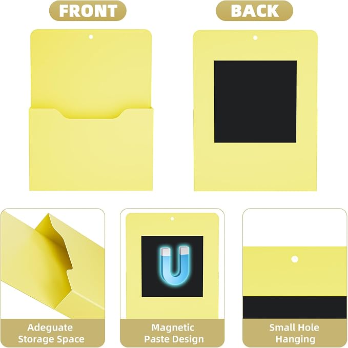 Marbrasse Magnetic File Holder - Magnetic Paper Holder, Pocket Organizer Office Supplies Storage Mail Organizer for Notebooks,Planners,Letter (Yellow