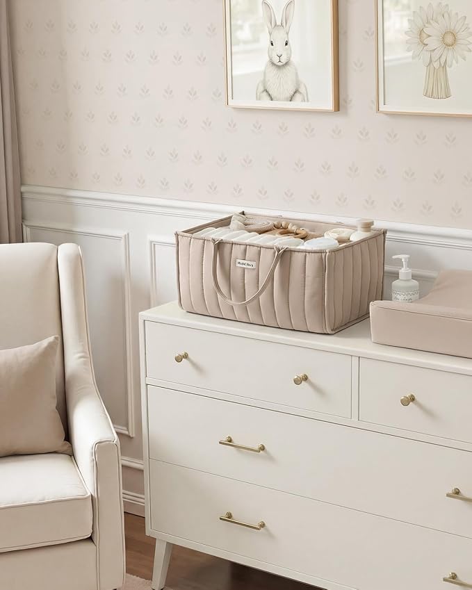 Blissful Diary Baby Diaper Caddy Organizer, Stylish Storage Basket for Newborn Essentials and Diaper Station, Gift for Baby Shower and Registry Must-Have, Sand