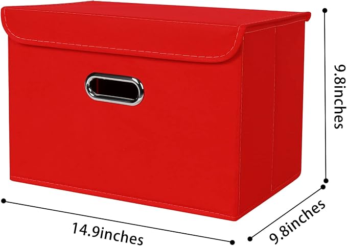 Linen Fabric Foldable Collapsible Storage Cube Bin Organizer Basket Fabric Storage Bins with Lid, Leather Handles, Removable Divider for Home, Closet, Red 3Pcs