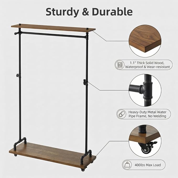 Industrial Pipe Clothing Rack, Wood Clothes Rack, Rolling Garment Rack | Heavy Duty, Sturdy Hanging Rod, Hall Tree on Wheels with Shelves, Shoes Storage and Hangers for Bedroom Retailer, Rustic