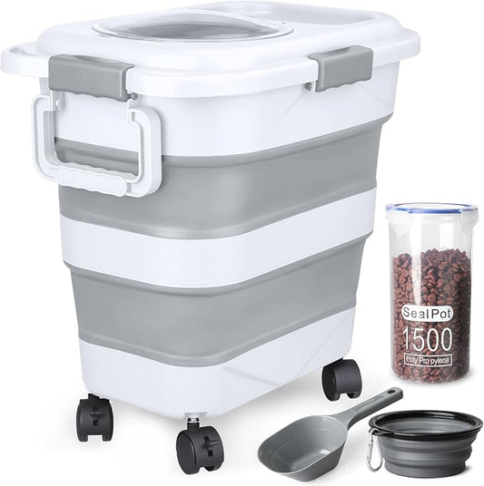 Dog Food Storage Container，10-25 lbs Airtight Collapsible Cat Food Storage Container with Attachable Wheels, Portable Handle, Dog Food Scoop for Dog Cat Bird Pet Dry Food Storage Bin Light Grey