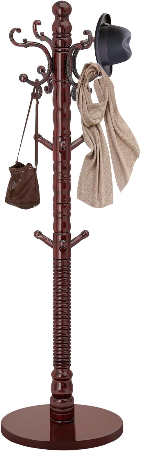 Wood Coat Rack Stand, Vintage Wooden Coat Rack Freestanding with Sturdy Round Base,Classic Coat Racks with 14 Hooks, Natural Birch Wood Standing Coat for Entryway (Vintage Round chassis)