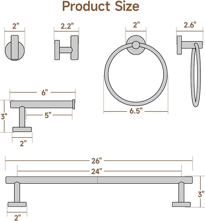 USHOWER 8PCS Brushed Nickel Bathroom Hardware Set, 24-Inch Towel Bar Set | Durable SUS304 Stainless Steel Bathroom Accessories Set, Towel Racks for Bathroom Wall Mounted, Modern Home Decor