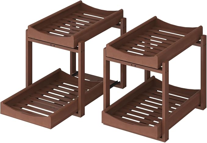 MHXW SXPN Bamboo Under Sink Organizer, 2 Pack Pull Out Cabinet Organizer | 2 Tier Vertical Smooth Slide Out Undersink Storage Shelf | Multi-Purpose Organizer Shelves for Kitchen Bathroom Medicine