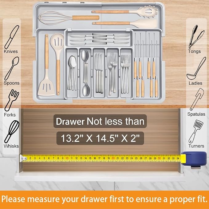Silverware Drawer Organizer for Kitchen, Adjustable Utensil Drawer Organizer with 2 Knife Block, BPA Free Flatware and Cutlery Holder, Expandable Plastic Storage for Spoons Forks Knives(Grey)
