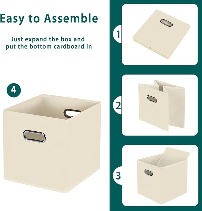 Black Foldable Storage Cubes Bins, Fabric Storage Box Cubes Organizer Baskets with Dual Handles for Home Organizer,Set of 6,(Creamy-White)