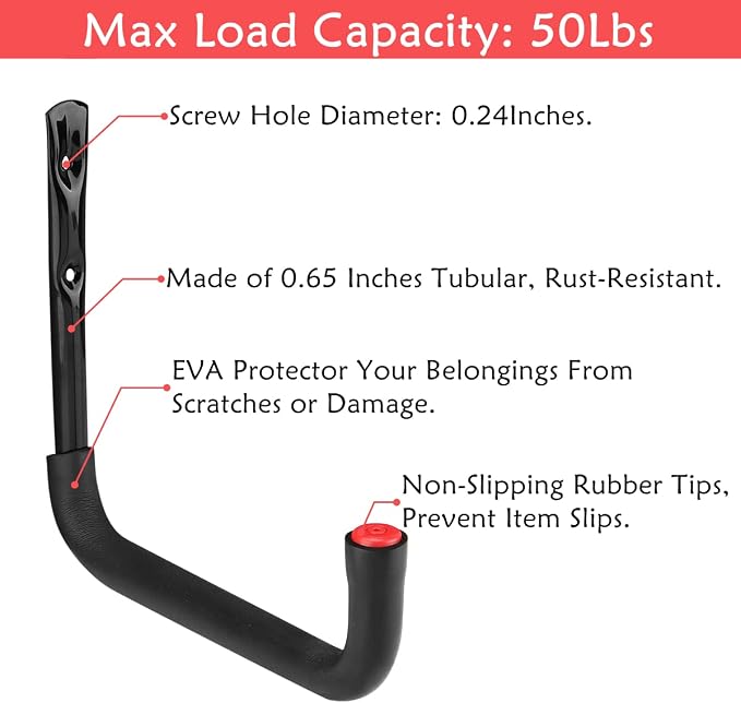 Garage Storage Ladders Hooks, 6 Pack Heavy Duty Utility Hanger, 9.8IN Wall Mount Rack Safely Holds 50 Pounds
