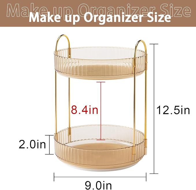shuang qing Rotating Makeup Organizer for Vanity, High-Capacity Skincare Clear Make Up Storage Perfume Organizers Cosmetic Dresser Organizer Countertop 360 Spinning (Gold, 2 Tier)