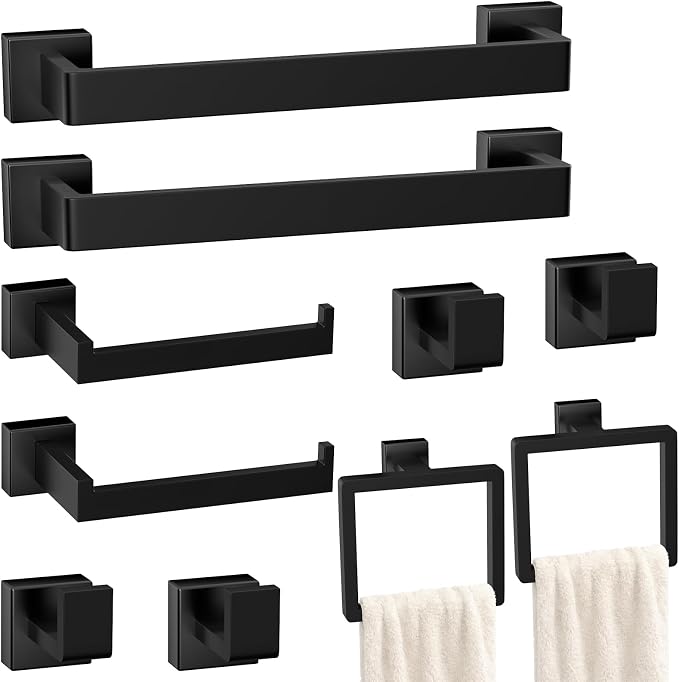 10-Pieces Matte Black Bathroom Accessories Set, 16 Inch Bath Towel Bar Set | Stainless Steel, Towel Ring, Toilet Paper Holder, Robe Hooks, Towel Racks for Bathroom Wall Mounted, Bathroom Hardware Set