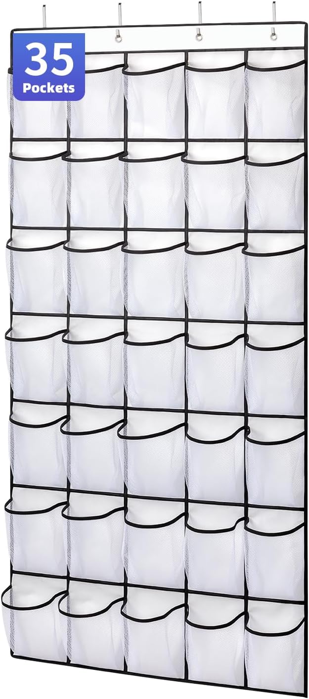 SAVERHO 35 Pockets Over the Door Shoe Organizer, Hanging Shoe Organizer for Door with 35 Mesh Pockets Large Capacity Shoe Hanging Storage Bag with 4 Metal Hooks (White-1Pack)