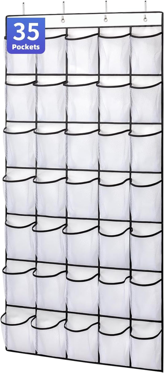 SAVERHO 35 Pockets Over the Door Shoe Organizer, Hanging Shoe Organizer for Door with 35 Mesh Pockets Large Capacity Shoe Hanging Storage Bag with 4 Metal Hooks (White-1Pack)