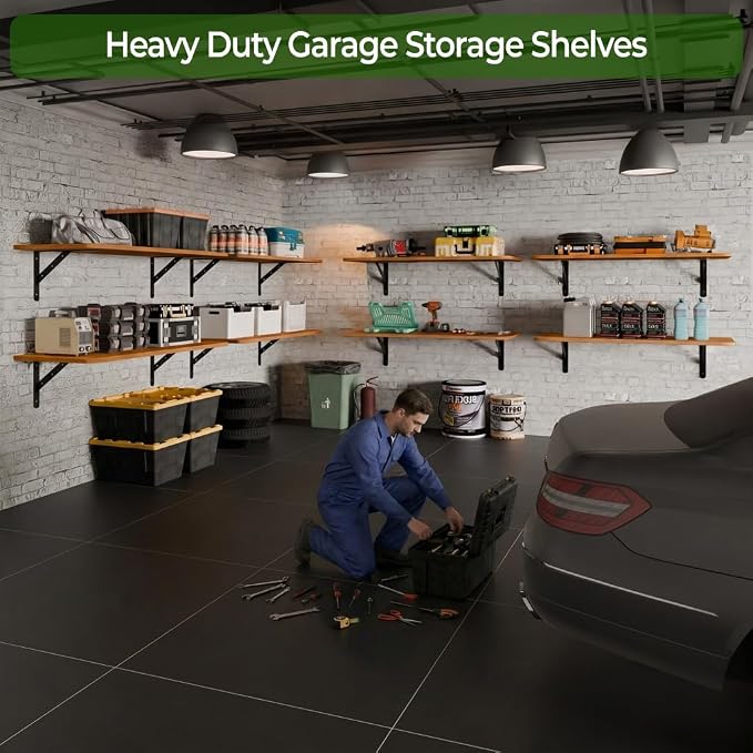 Dogsky 2-Pack Garage Storage Shelving Wall Mounted, 4x2Ft (48x24In) Heavy Duty Wood Floating Wall Shelf, 500lbs Capacity Shelves for Garage, Closets, Utility Rooms and Kitchens, Teak