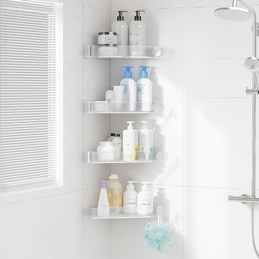Sotfamily Plastic Shower Caddy Corner (for 90° Only), 4 Pack, Frosted Clear | Adhesive Corner Shower Shelves for Bathroom Organizers and Storage, Bathroom Decor, No Drill, Rust Free