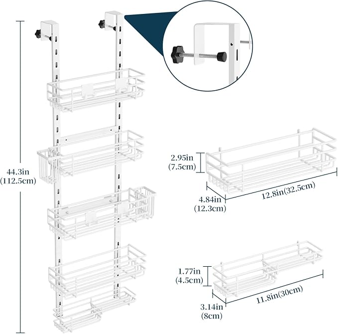 Consumest Over The Door Shower Caddy - 5 Tier Adjustable Shower Organizer Hanging with 2 Toothbrush Holders & 4 Hooks, Rustproof Organizer Shelf, Storage Rack for Bathroom, White