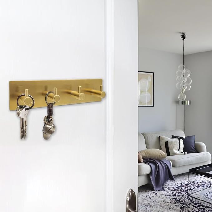 Self Adhesive Key Hook Rack with 4 Hooks for Keys Entryway - Gold