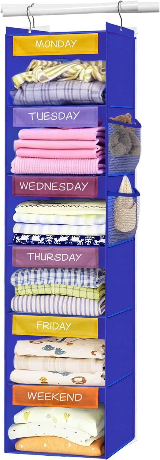 Weekly Clothes Organizer for Kids, 6-Shelf Hanging Closet Organizer with Colorful Labels, Space Saving Design with 2 Pockets, Daily Hanging Closet Shelves for Kids Room Storage, Blue