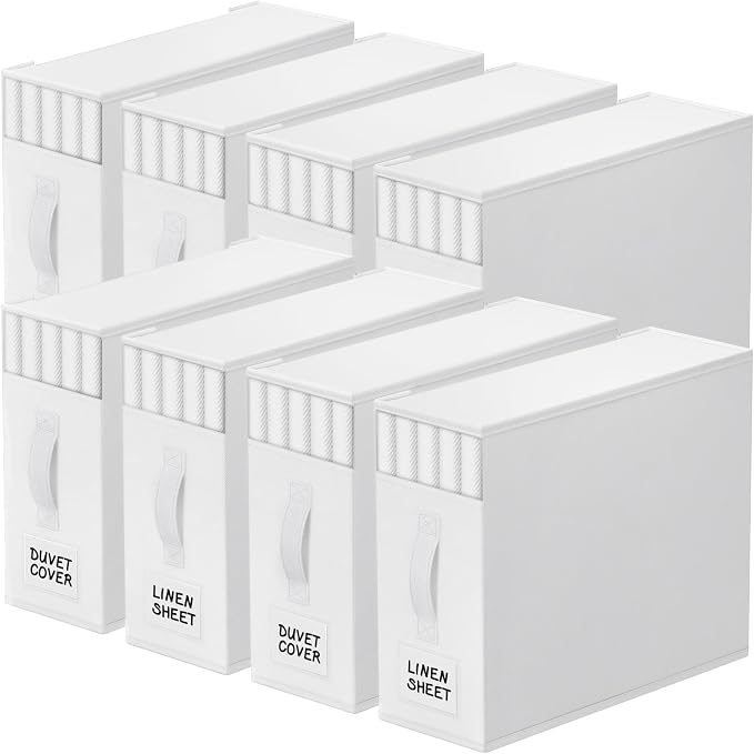 StorageTastic 8 Pack Bed Sheet Closet Organizers and Storage,Sturdy Foldable Storage Containers with Window and Label,Storage and Organization for Bedding Sheets,Duvet Covers,Blankets (White)