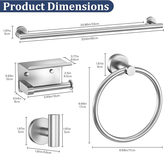 5 Pieces Bathroom Hardware Set Brushed Nickel Towel Bar Set Round Towel Holder Set Upgraded Paper Towel Holder with Shelf Stainless Steel Wall Mounted,23.6 Inch