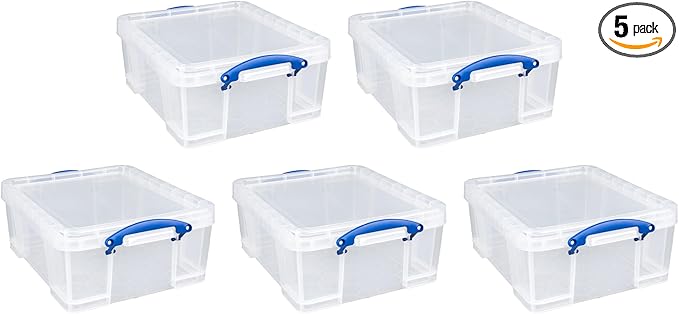 Really Useful Box 5 Pack 17L Plastic Storage Bins with Snap Lids and Clip Lock, Clear