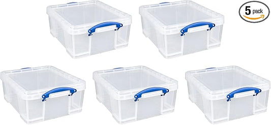 Really Useful Box 5 Pack 17L Plastic Storage Bins with Snap Lids and Clip Lock, Clear