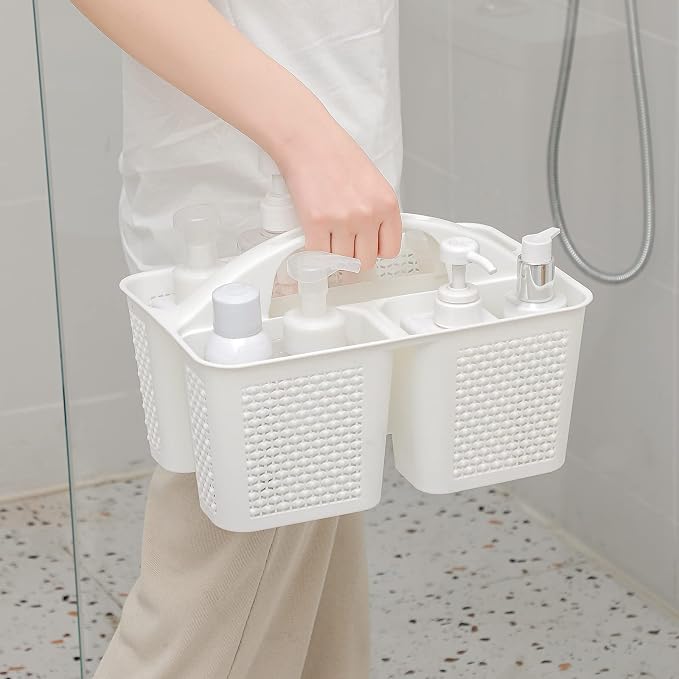 Plastic Portable Shower Caddy Basket with Handle, 3 Compartments, White | Storage Organizer with Drain Holes, Sturdy and Durable For Bathroom, Kitchen, College Dorm, Sink, Camping