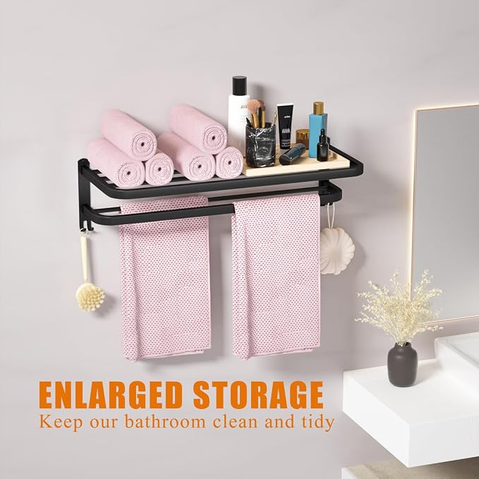 23 Inch Bathroom Towel Rack Towel Shelf with Double Towel Bars Lavatory Wall Mount Holder with Hooks Stainless Steel Hotel Bath Rack (Matte Black)