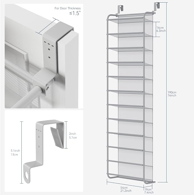 Whitmor 36 Pair Over The Door Shoe Organizer, 12 Tier Hanging Shoe Organizer, Heavy Duty Metal & Mesh Shoe Holder, Hanging Shoe Rack for Closet Organizer & Storage, 74"H x 21.7"W x 7.5"D, Grey