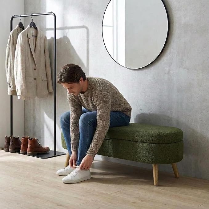 43.5” Storage Ottoman Bench，Upholstered Oval End of Bed Bench for Bedroom | Modern Linen Ottoman with Storage, Entryway Foot Rest with Wooden Legs, Lift-Top Lid with Safety Hinge, Living Room, Green