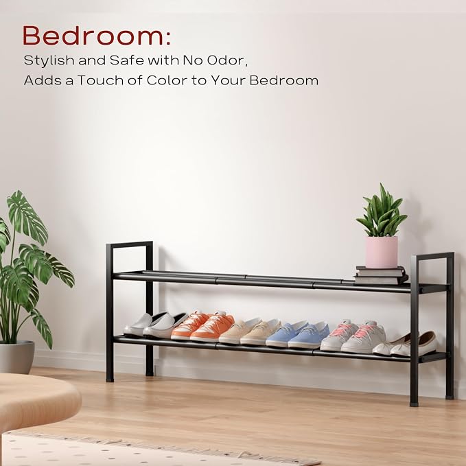 Bumusty 2 Tier Long Expandable Shoe Rack for Closet, Black | 18"-44" Adjustable Shoe Rack for Entryway, Shoe Organizer for Dorm, Front Door, Sturdy Metal