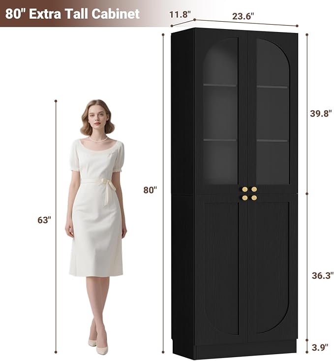 Cyclysio 80" Kitchen Pantry, Tall Arch Storage Cabinet with Tempered Glass & Soft Close Doors, Freestanding Wood Floor Cupboard Bookcase with Seamless Fit Wall for Dining Room, Living Room, Bathroom