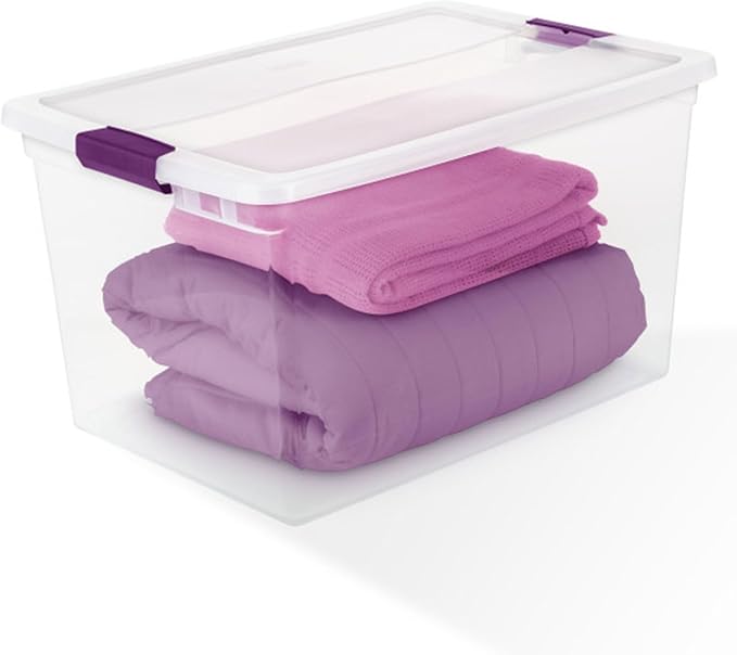 Sterilite ClearView Latch Boxes, Storage Bins with Lids, 66 Quart, 18-Pack | Clear Plastic Organizers with Color Accent Latches for Closet, Bedroom, Shelving Units, Dorm Room and Home Organization