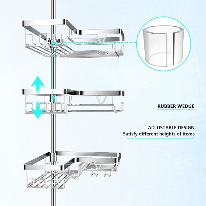 DAOYA Corner Shower Caddy Tension Pole - Chrome Tension Rod Shower Caddy | 4 Tier Shower Organizer for Bathroom/Bathtub/RV, Floor to Ceiling 25-114.2 inch, WIth 28 Hook/2 Soap Dish/ 2 Razor Holder