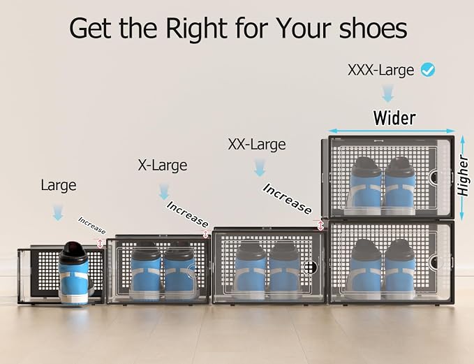 Kuject XXX-Large Shoe Storage Boxes 12 Pack, Clear Stackable Shoe Organizer | Shoe Case for Closet, Entryway & Under-Bed Storage, Drop-Front Design, Space-Saving Solution for Family Organization,Black