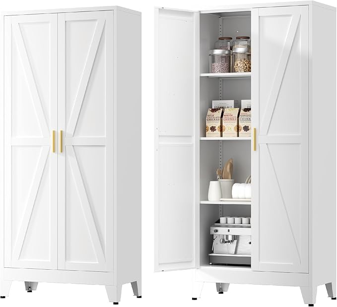 Kitchen Pantry Cabinet with Barn Doors,61" H x 27.5" W,Metal Farmhouse Storage Cabinet with Adjustable Shelves,4-Tier Storage Cabinet for Kitchen Dining Room Garage Office,White 1 Pack