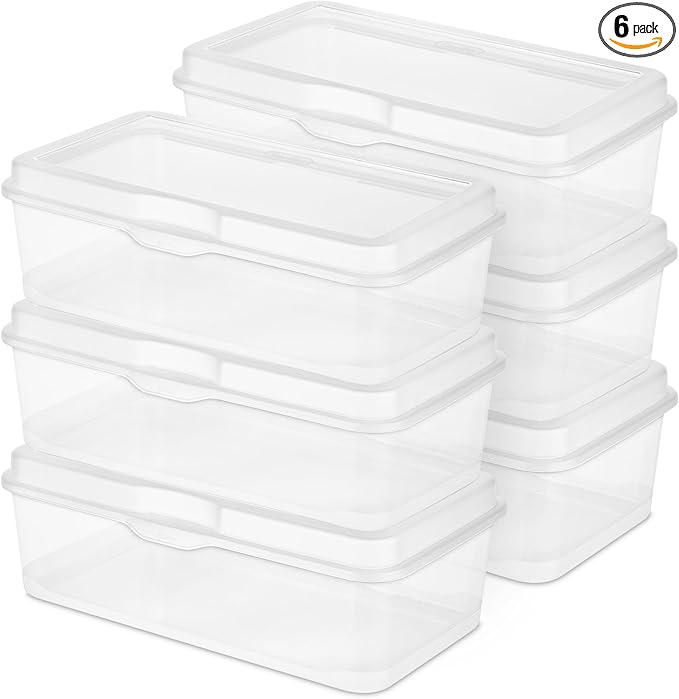 Sterilite 6-Pack Rectangular Large FlipTop, Clear Plastic Storage Box with Hinged Lid - Stackable Multipurpose Organizer for Art and Craft Supplies, Accessories, Photos & CDs, Home or Office Use
