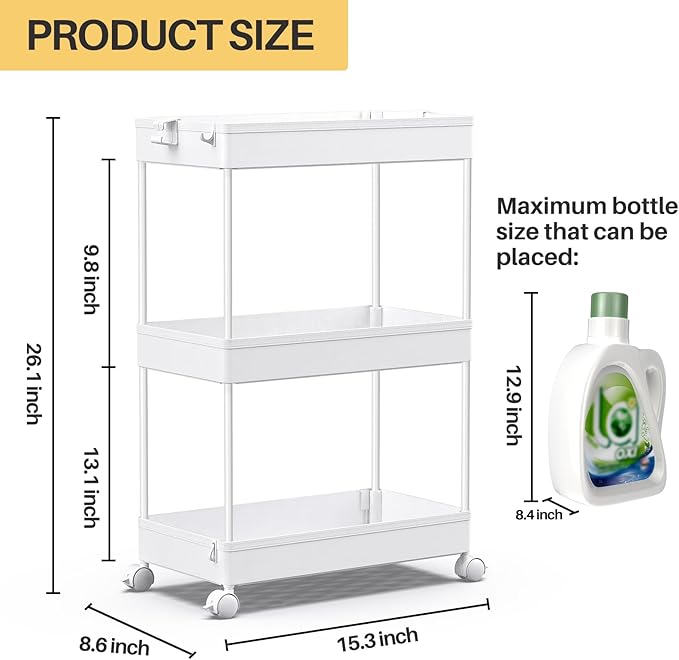 SPACEKEEPER 3 Tier Rolling Cart, Bathroom Cart Organizer with Wheels, White | Mobile Storage Cart for Laundry Room Organization,Kitchen,Office,Bathroom, Utility Cart for Snack,Craft,Art,Makeup,Nail,Toys