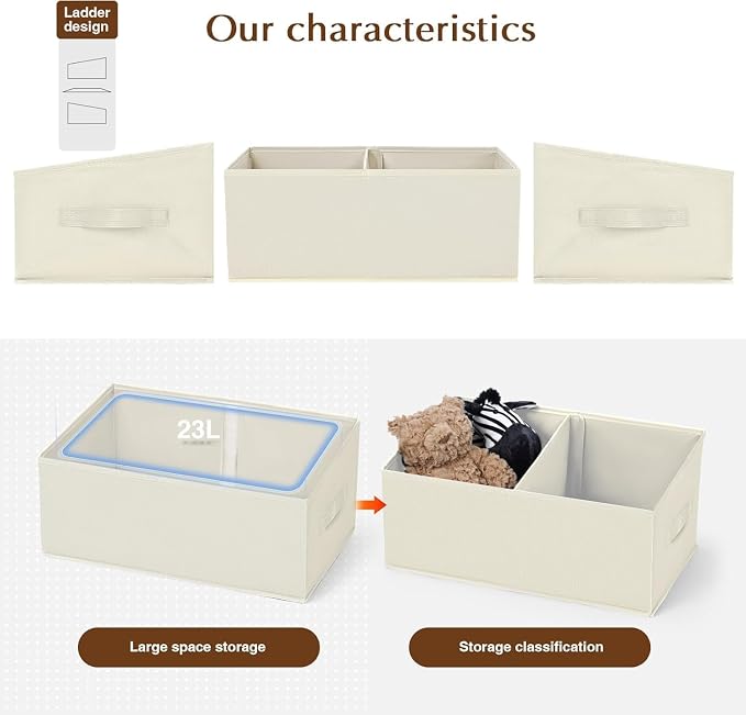 DIMJ Closet Storage Bins, 5 Pack Storage Baskets for Shelves, Foldable Closet Organizer with Handle, Linen Closet Organizers and Storage for Clothes, Toys, Towel, Books (Beige)