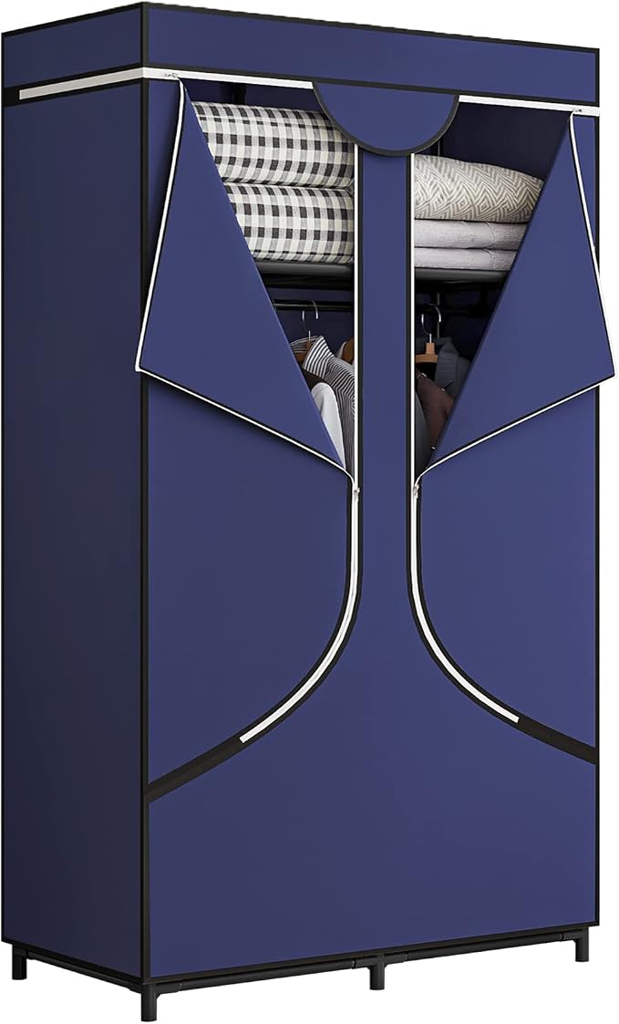 SORCEDAS Portable Closet Wardrobe with Hanging Rods Shelves Clothes Storage | 34 Inch Closet Organizers and Storage with Non-Fabric Cover,Freestanding Clothes Closet for Bedroom,dorm,Storage Rooms Blue