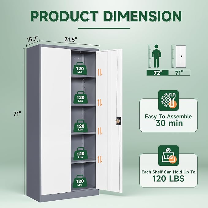 Letaya Metal Garage Storage Cabinets with Lock Door and Adjustable Shelves, Steel Tool Cabinets for Home,Office,Warehouse Organisieren (Gery White, 71" H)