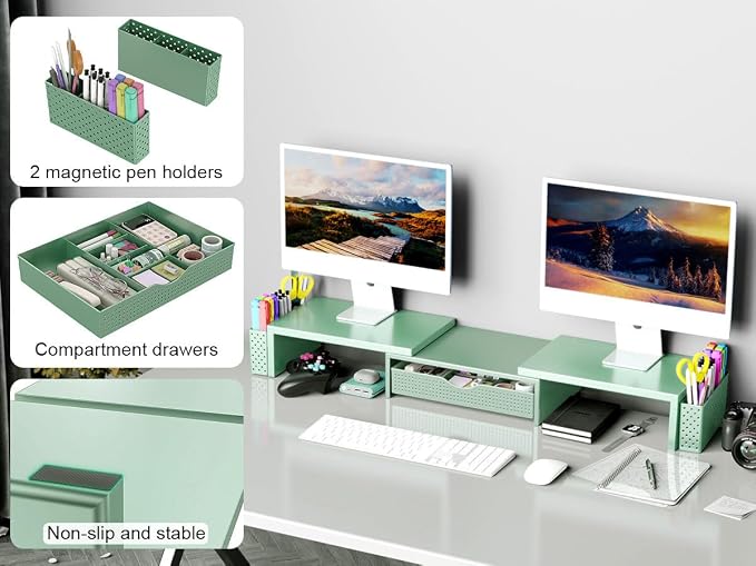 Spacrea Metal Desk Organizers and Accessories, Dual Monitor Stand Riser with Drawer and 2 Pen Holders, Book Racks, Desk Accessories & Workspace Desktop Organizers for Office Supplies (Sage Green)